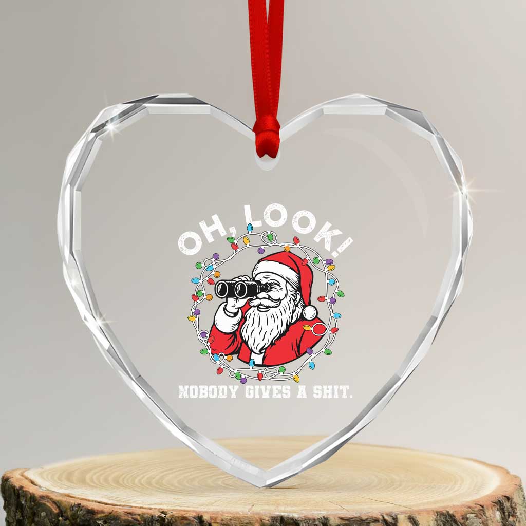 Funny Christmas Santa Oh Look Nobody Gives A Shit Heart Crystal Glass Ornament - Wonder Print Shop