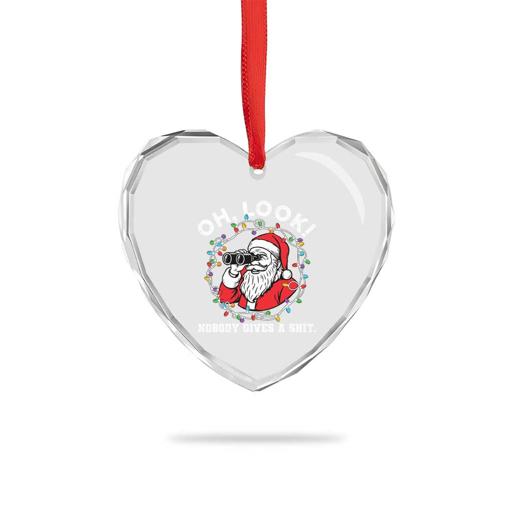 Funny Christmas Santa Oh Look Nobody Gives A Shit Heart Crystal Glass Ornament - Wonder Print Shop