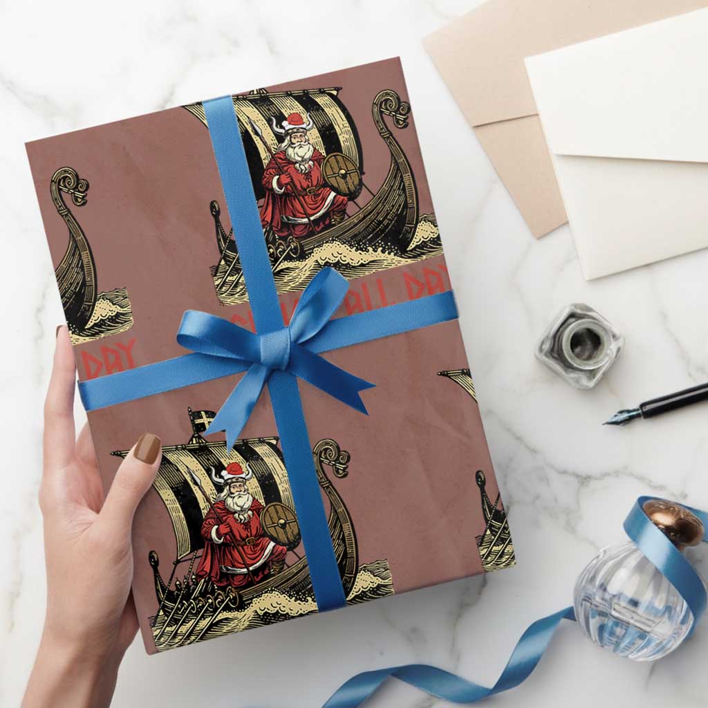 Funny Christmas Santa Viking Wrapping Paper Roll Sleigh All Day Xmas Pagan Norse Longship - Wonder Print Shop