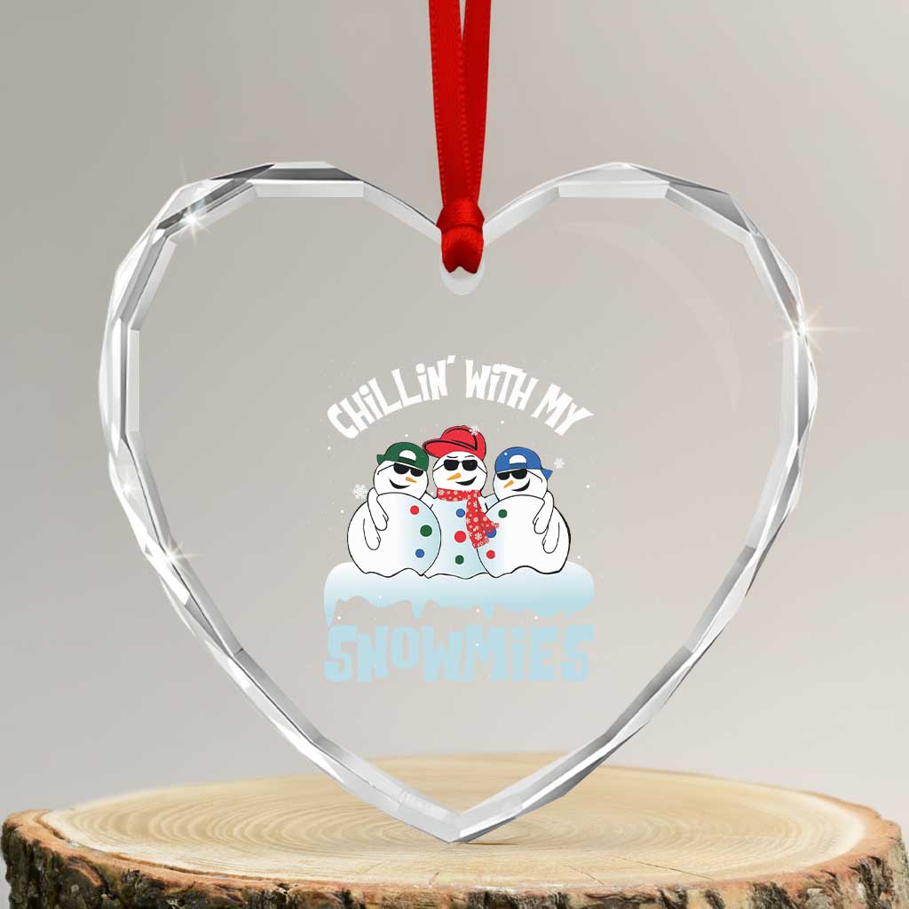 Funny Christmas Snowman Heart Crystal Glass Ornament Chillin' With My Snowmies Squad - Wonder Print Shop