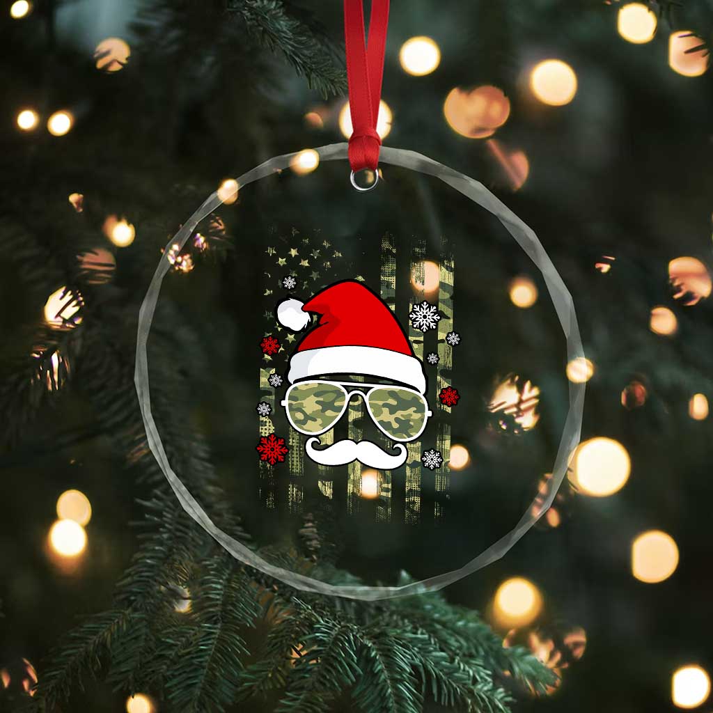 Funny Christmas Veteran Crystal Glass Ornament Santa Hat Camo American Flag TS11