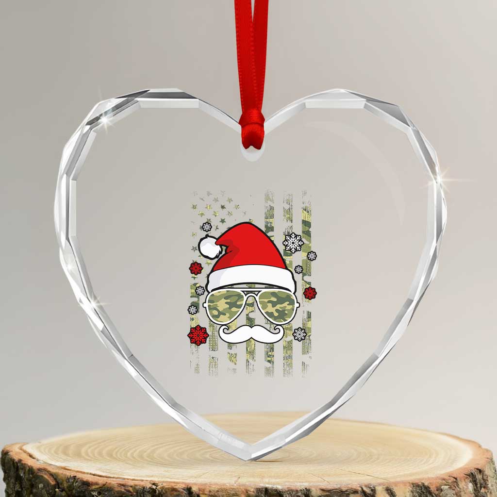 Funny Christmas Veteran Heart Crystal Glass Ornament Santa Hat Camo American Flag - Wonder Print Shop