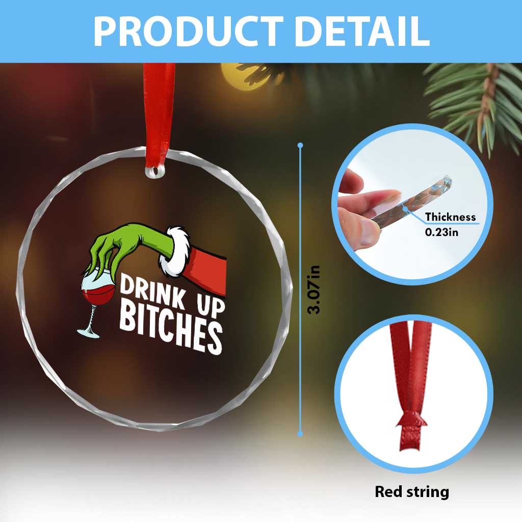 Funny Christmas Wine Crystal Glass Ornament Drink Up Bitches - Wonder Print Shop