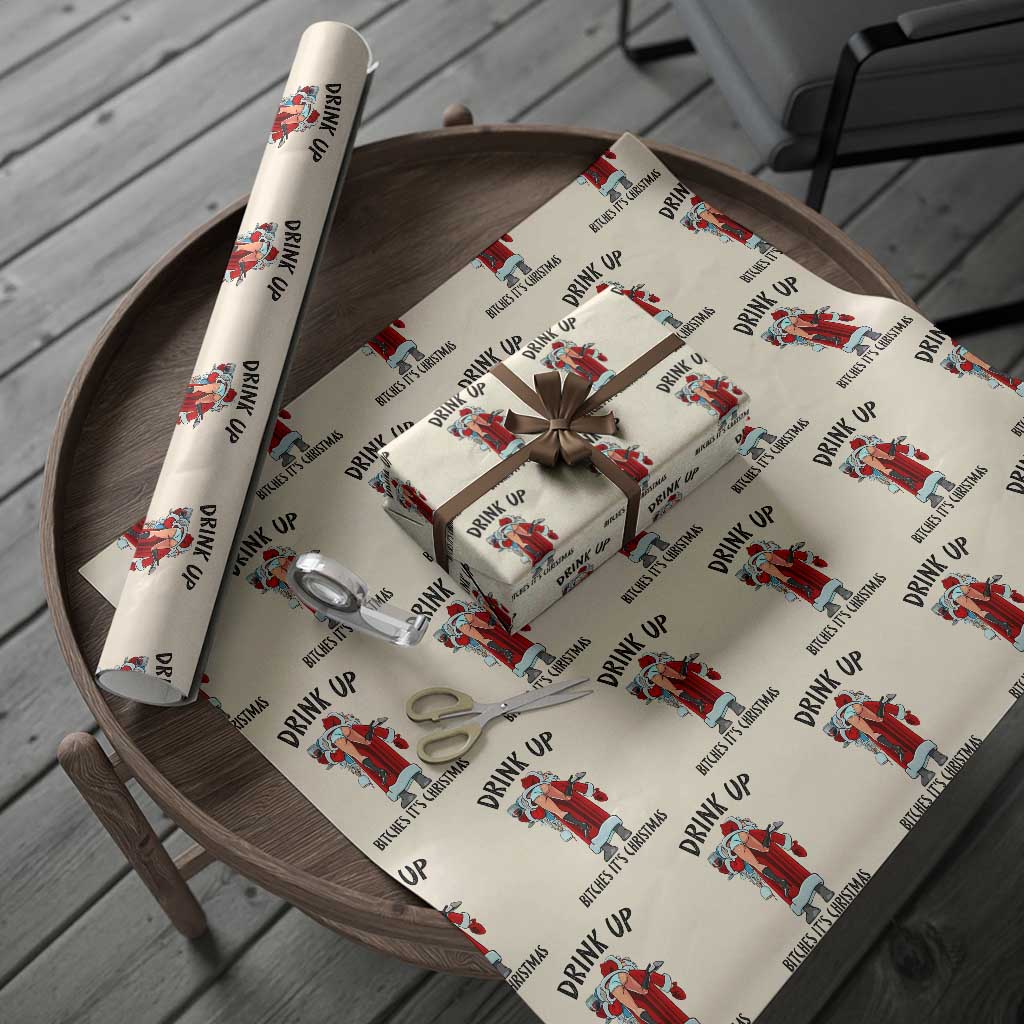 Funny Christmas Wine Wrapping Paper Roll Drink Up Bitches It Is Christmas - Wonder Print Shop