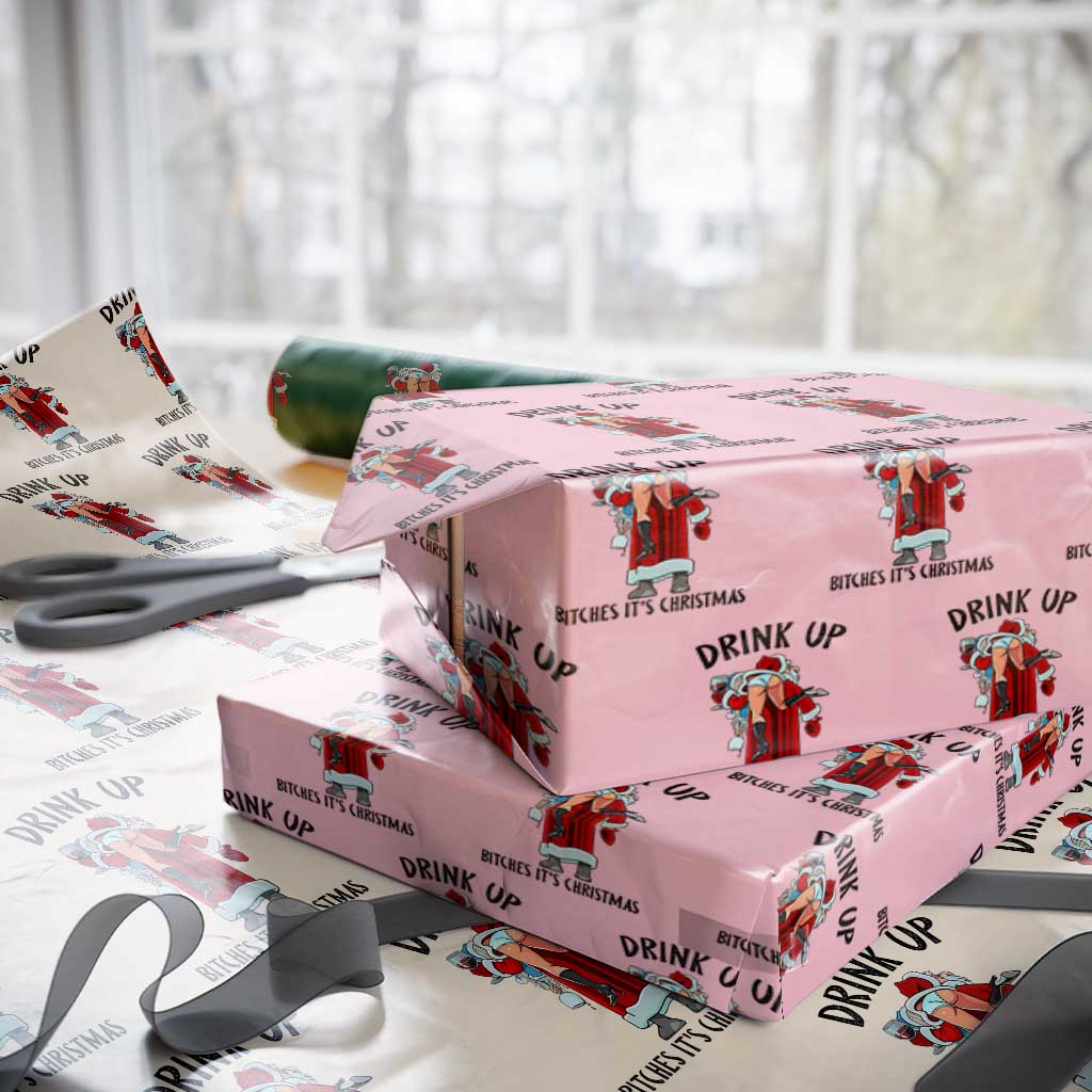 Funny Christmas Wine Wrapping Paper Roll Drink Up Bitches It Is Christmas - Wonder Print Shop
