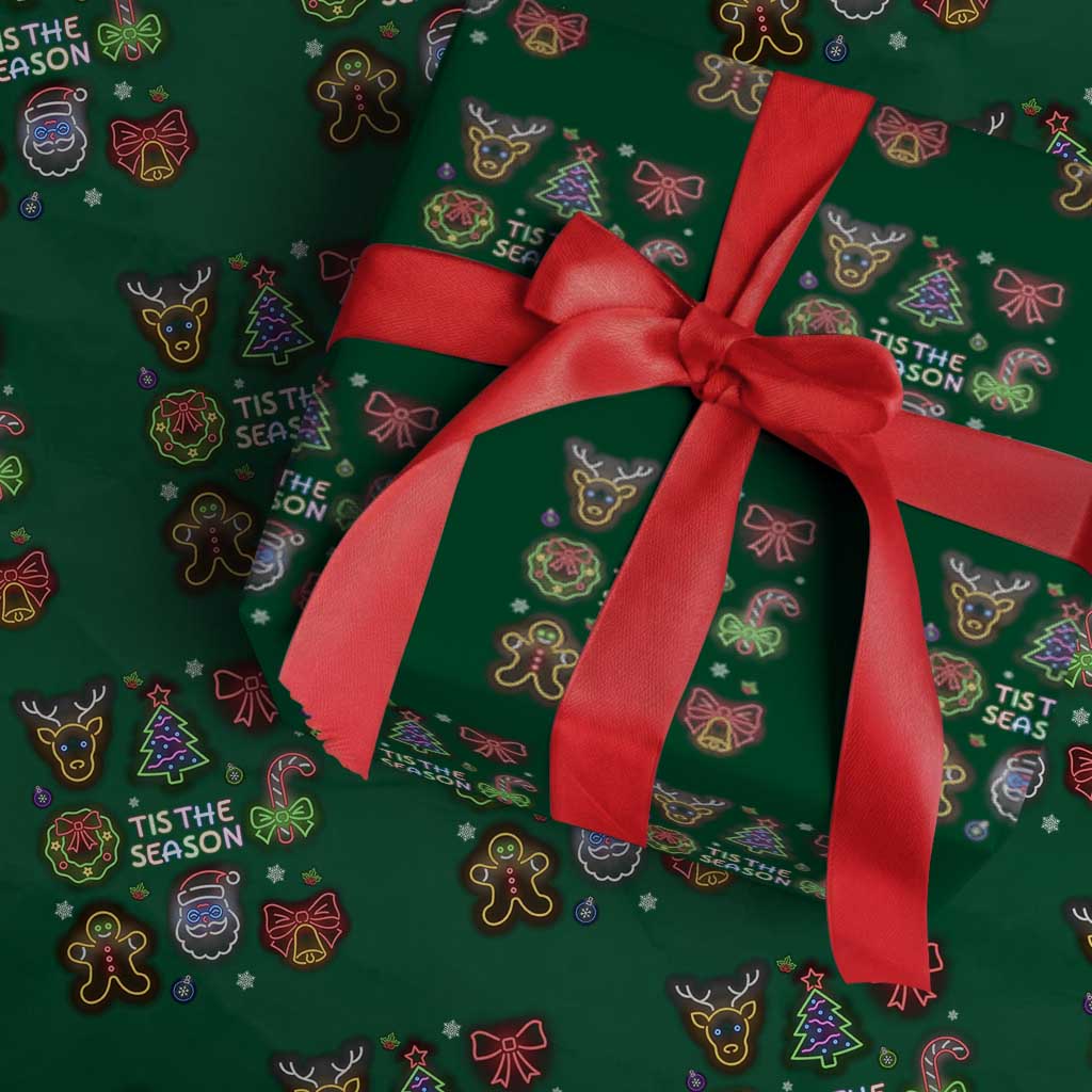 Funny Christmas Wrapping Paper Roll Tis The Season Neon Lights Santa Gingerbread - Wonder Print Shop