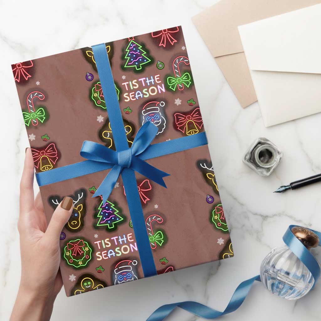 Funny Christmas Wrapping Paper Roll Tis The Season Neon Lights Santa Gingerbread - Wonder Print Shop