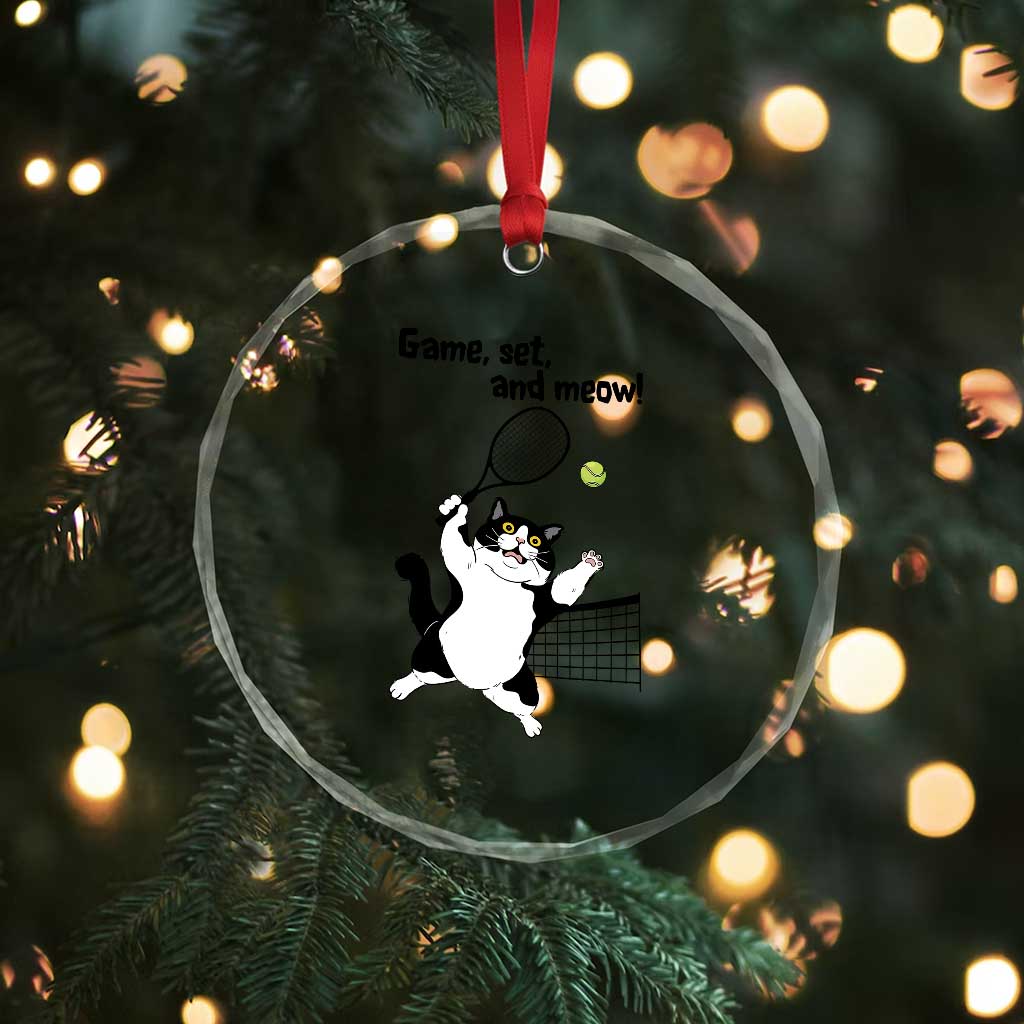 Funny Chubby Cat Tennis Crystal Glass Ornament Game Set And Meow - Wonder Print Shop