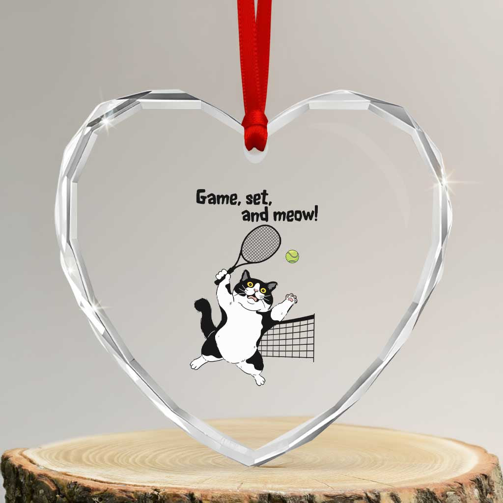 Funny Chubby Cat Tennis Heart Crystal Glass Ornament Game Set And Meow - Wonder Print Shop