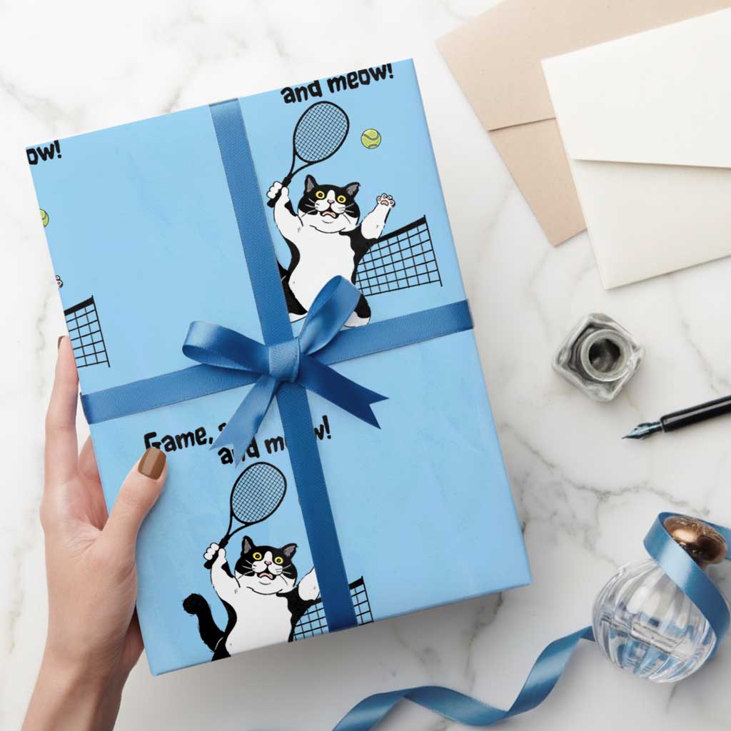 Funny Chubby Cat Tennis Wrapping Paper Roll Game Set And Meow - Wonder Print Shop