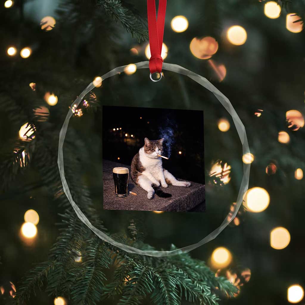 Funny Cigarette And Drinking Irish Stout Beer Cat Meme Crystal Glass Ornament
