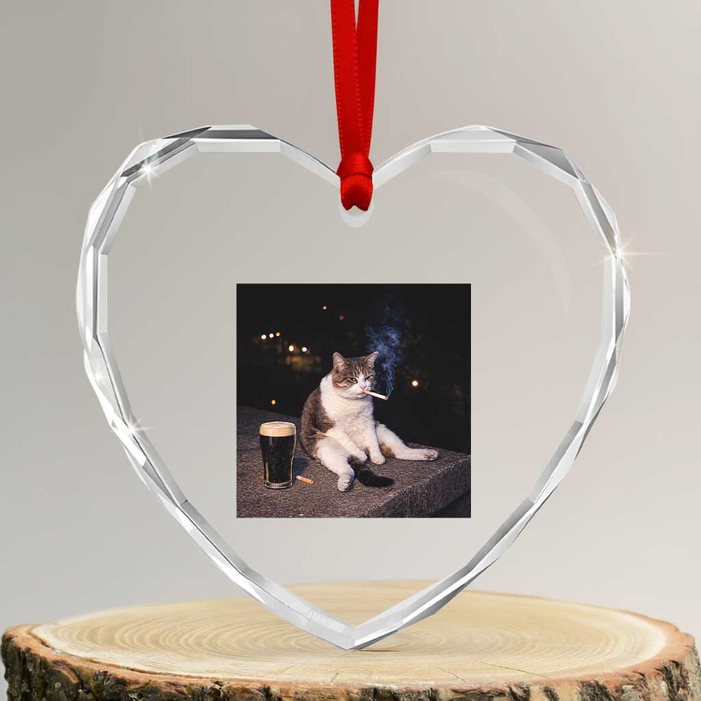 Funny Cigarette And Drinking Irish Stout Beer Cat Meme Heart Crystal Glass Ornament