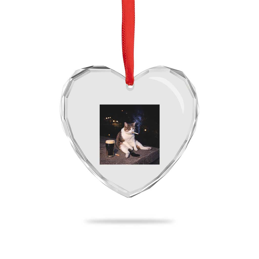 Funny Cigarette And Drinking Irish Stout Beer Cat Meme Heart Crystal Glass Ornament