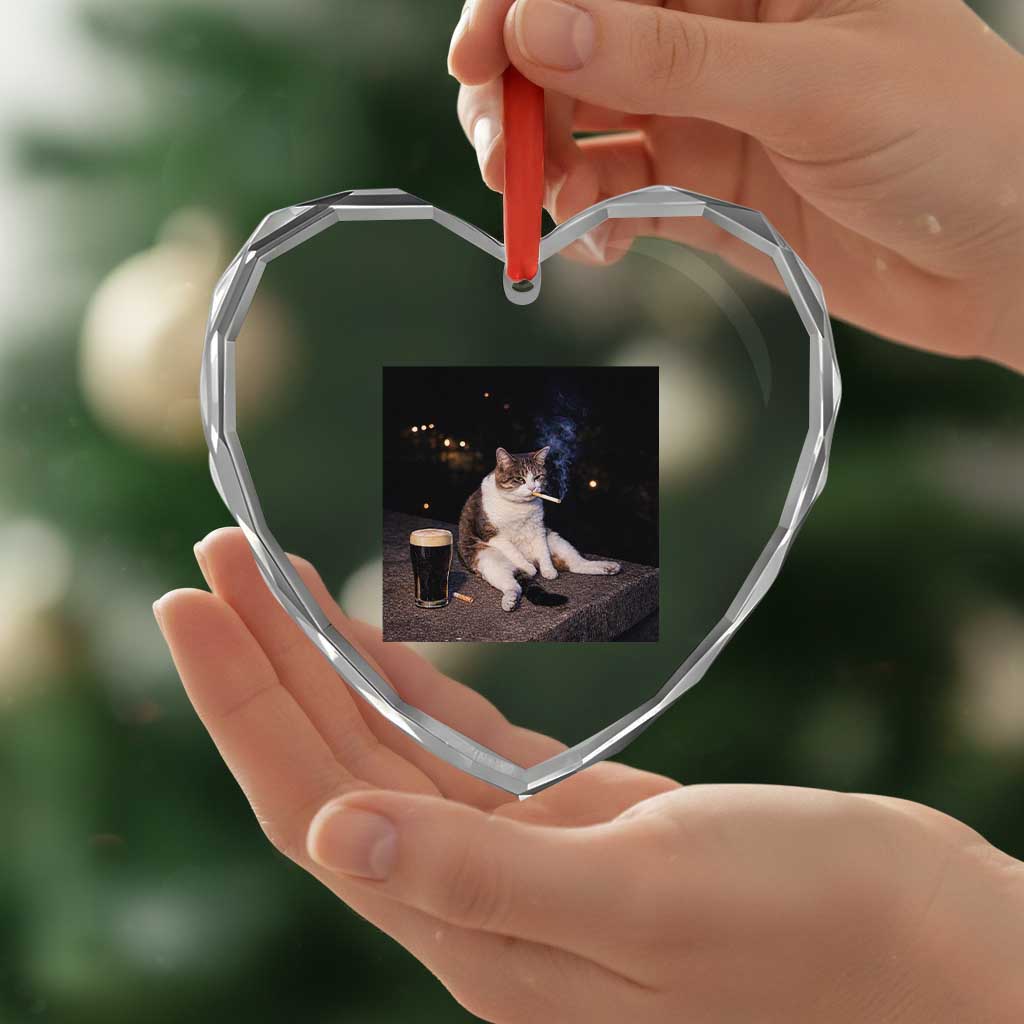 Funny Cigarette And Drinking Irish Stout Beer Cat Meme Heart Crystal Glass Ornament