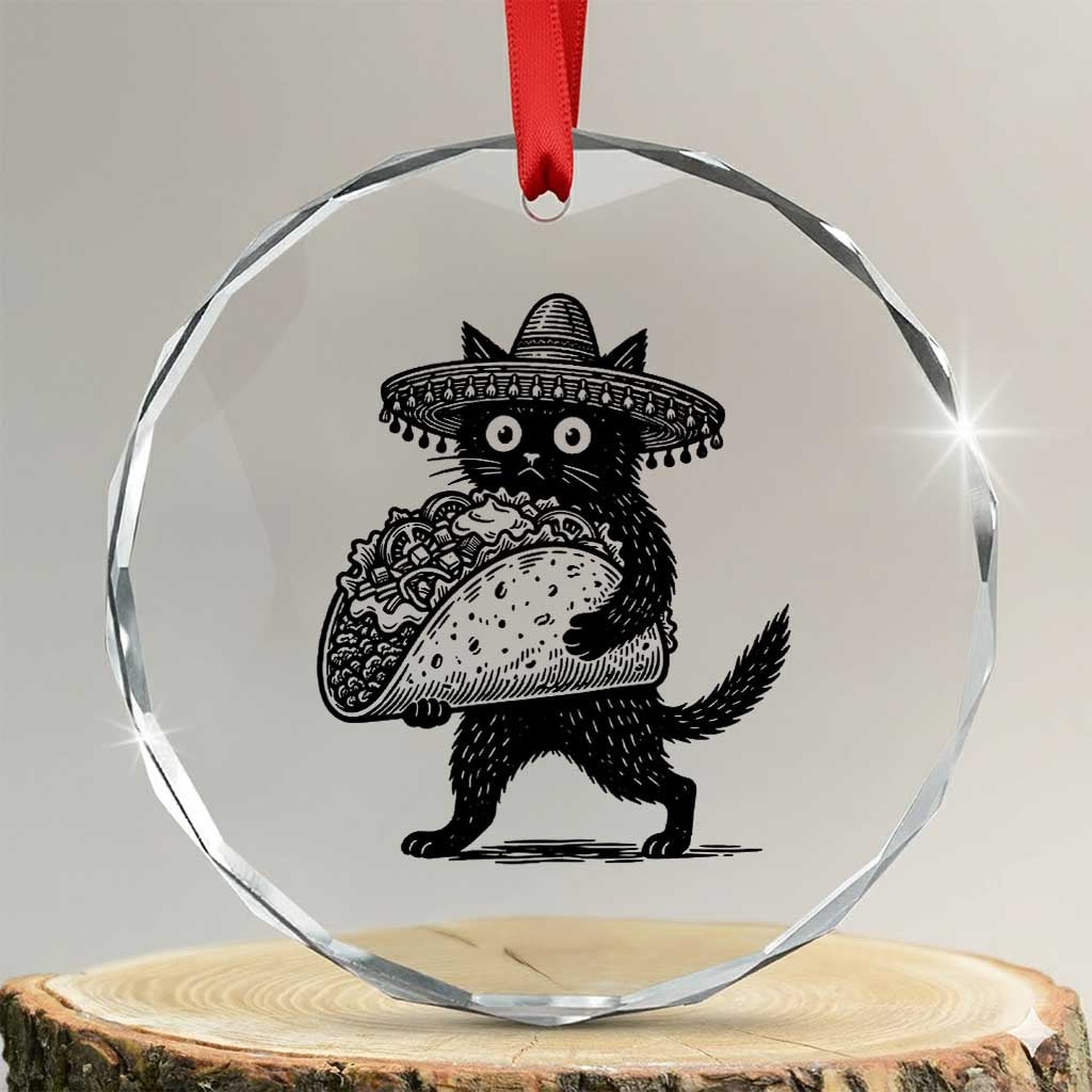 Funny Cinco De Mayo Black Cat With Taco Crystal Glass Ornament Mexican Food Gift