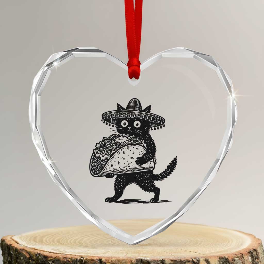 Funny Cinco De Mayo Black Cat With Taco Heart Crystal Glass Ornament Mexican Food Gift