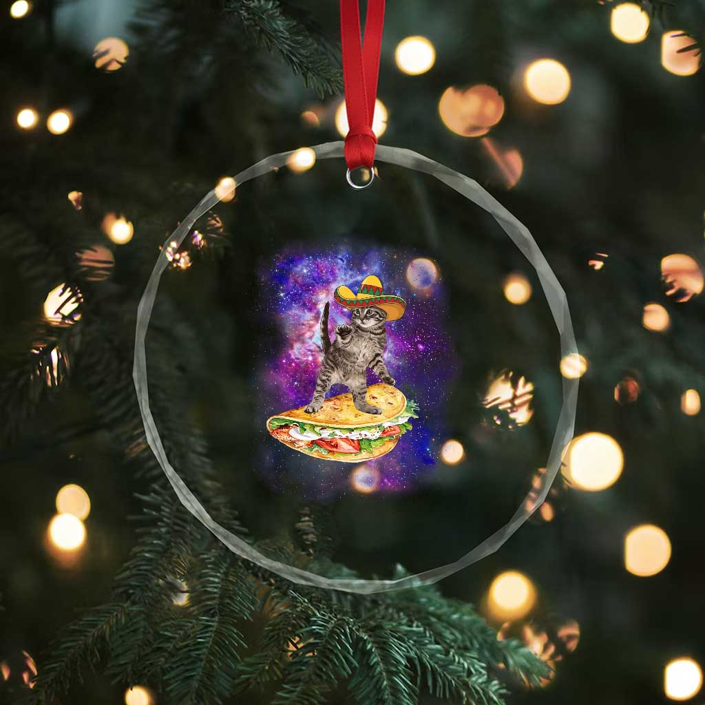 Funny Cinco De Mayo Cat Crystal Glass Ornament Astronaut Kitten Flying A Taco