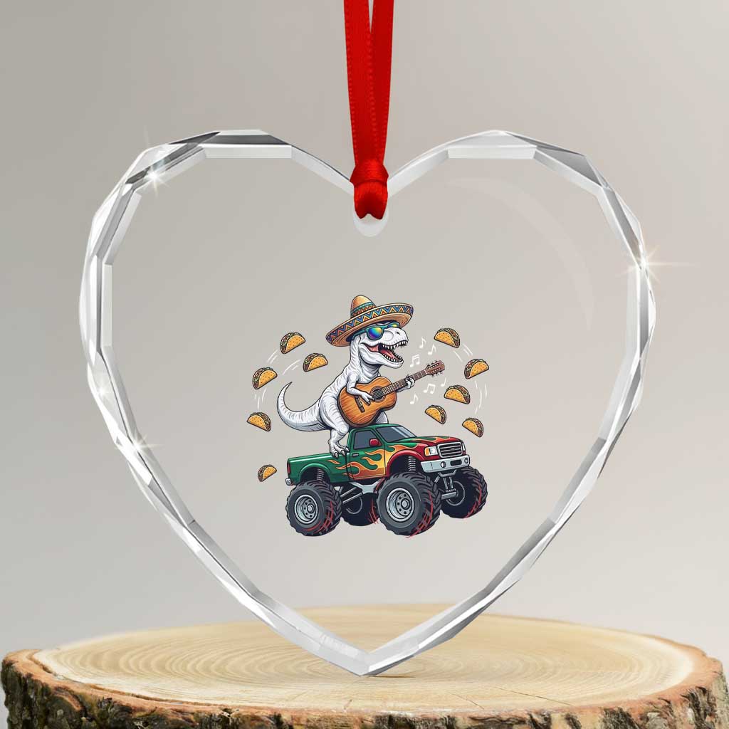 Funny Cinco De Mayo Dinosaur Monster Truck Heart Crystal Glass Ornament Taco Lover Gift