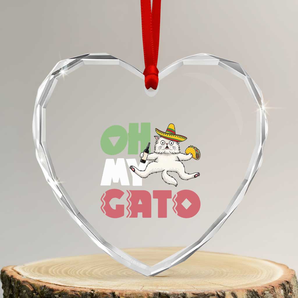 Funny Cinco De Mayo Drunk Cat Heart Crystal Glass Ornament Oh My Gato
