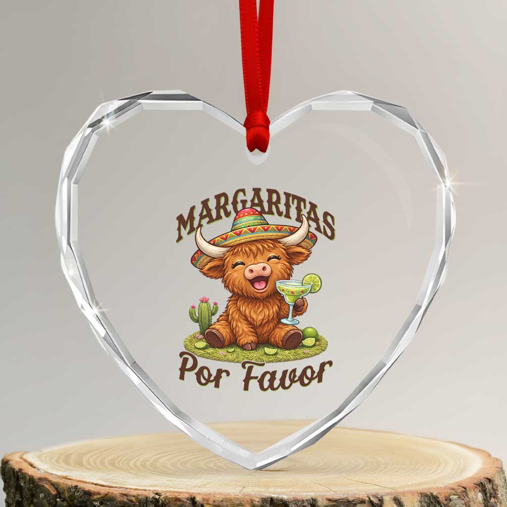 Funny Cinco De Mayo Highland Cow Heart Crystal Glass Ornament Margaritas Por Favor