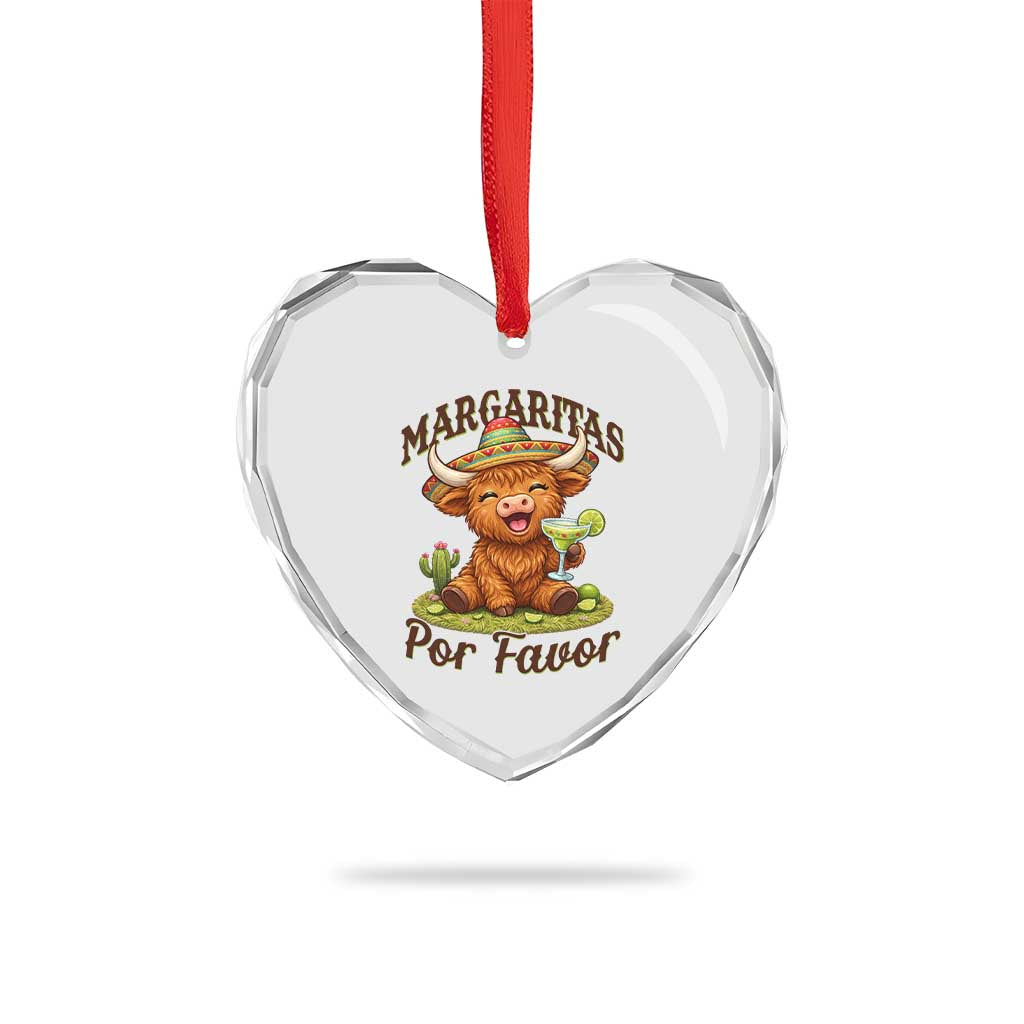 Funny Cinco De Mayo Highland Cow Heart Crystal Glass Ornament Margaritas Por Favor