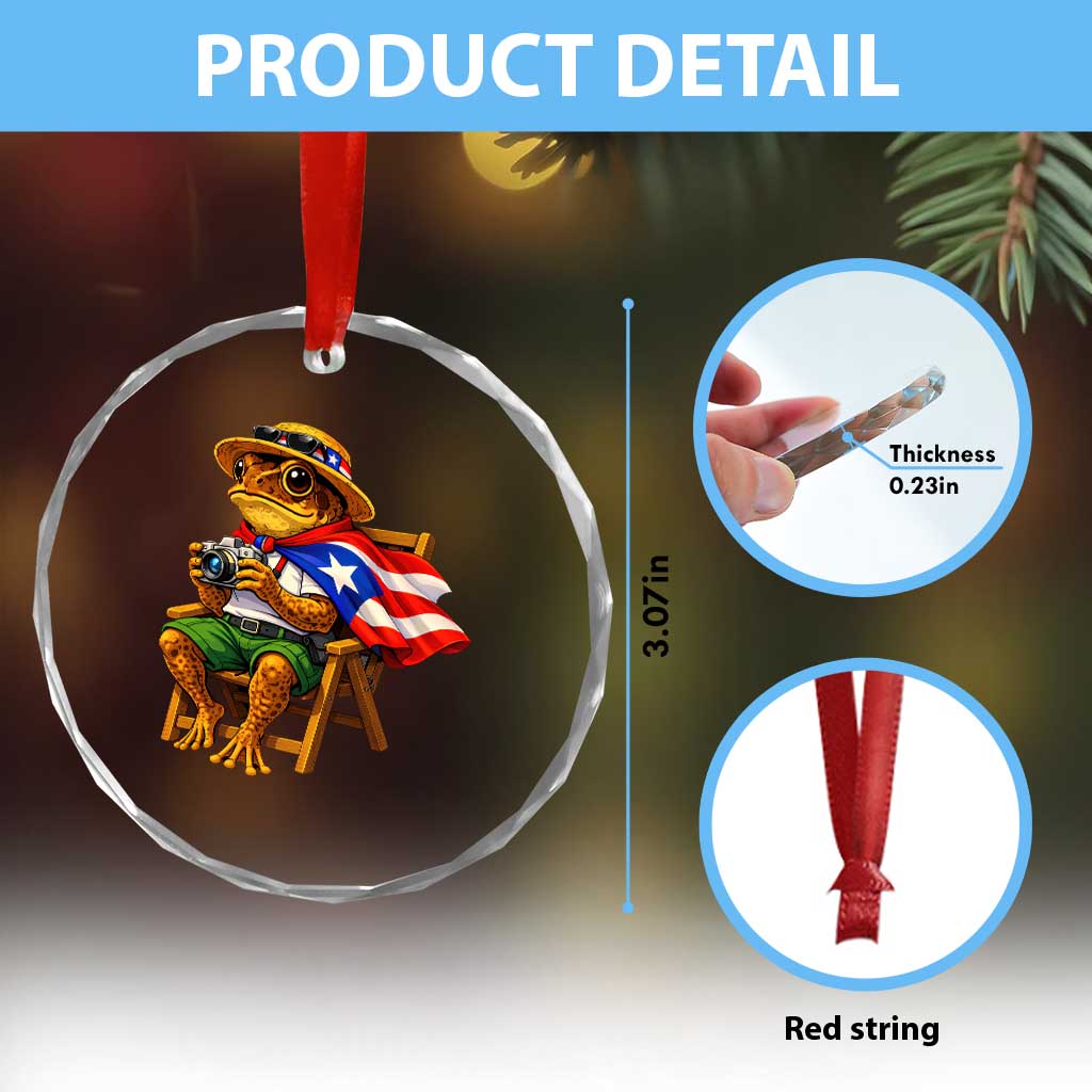 Funny Coqui Frog Puerto Rico Flag Crystal Glass Ornament Puerto Rican Taino Boricua Hispanic
