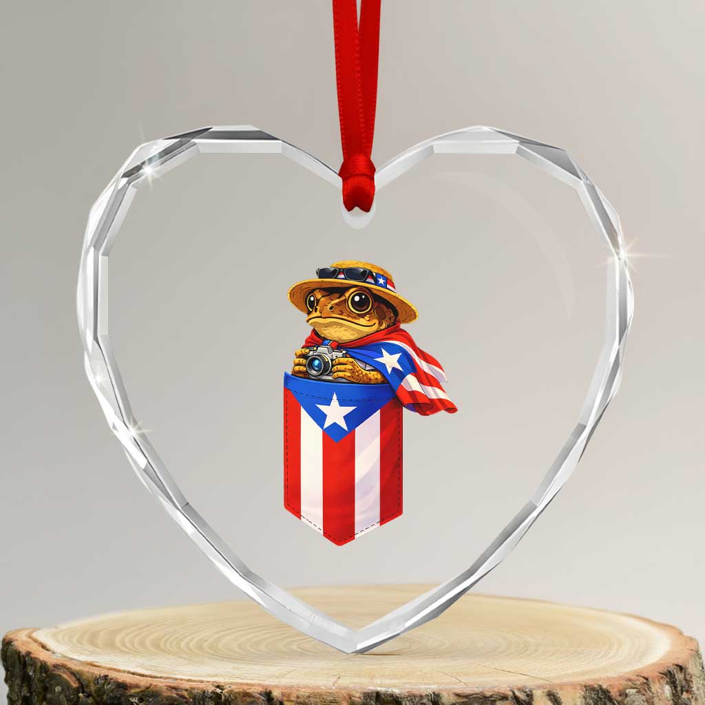 Funny Coqui Frog Puerto Rico Flag Heart Crystal Glass Ornament Puerto Rican Taino Buricua Borinquen