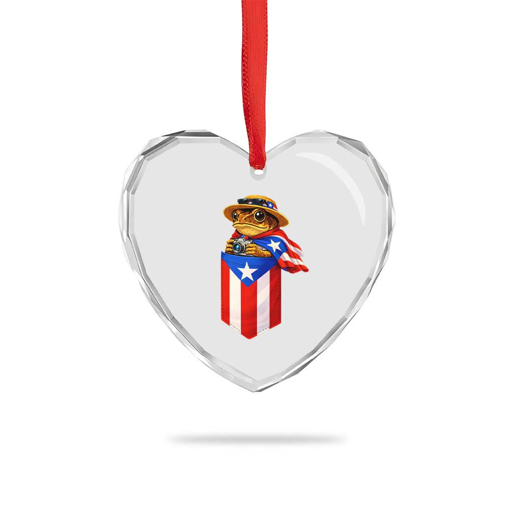 Funny Coqui Frog Puerto Rico Flag Heart Crystal Glass Ornament Puerto Rican Taino Buricua Borinquen