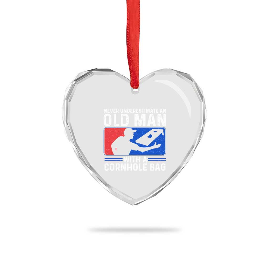 Funny Cornhole Player Heart Crystal Glass Ornament Never Underestimate An Old Man With A Cornhole Bag