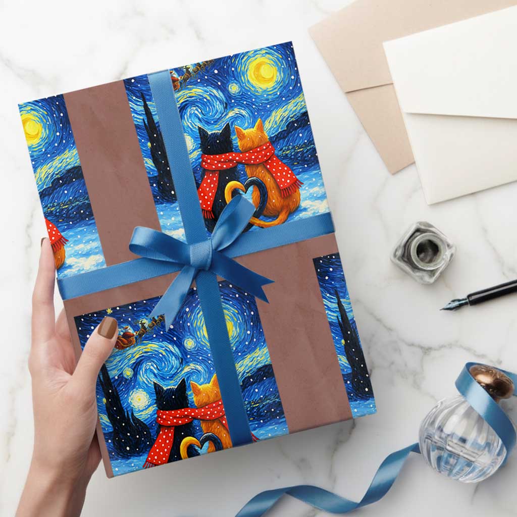 Funny Couples Xmas Wrapping Paper Roll Cats Lover Starry Night - Wonder Print Shop