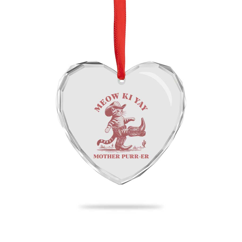 Funny Cowboy Cat Heart Crystal Glass Ornament Western Rodeo Meow Ki Yay Mother Purrer - Wonder Print Shop