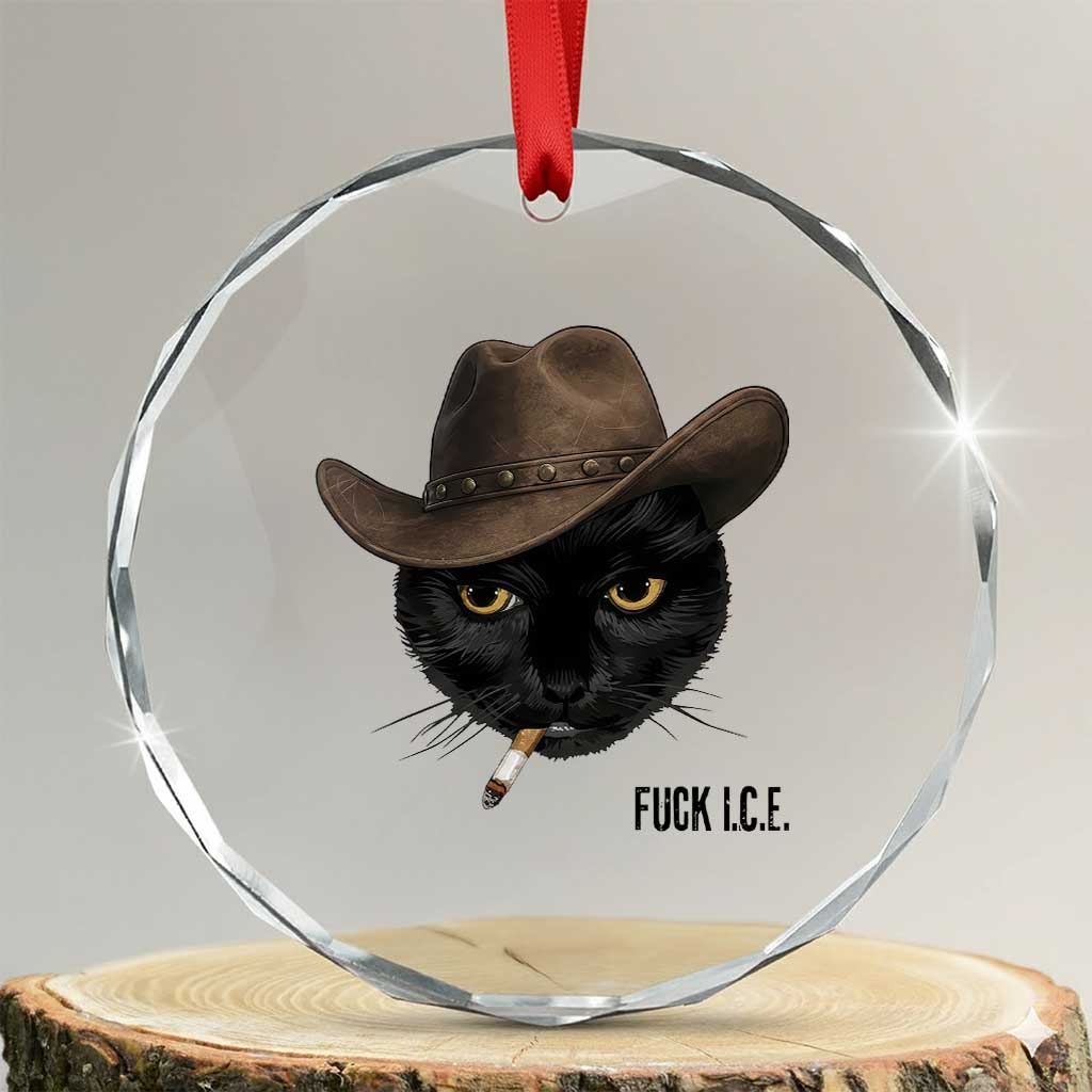 Funny Cowboy Cat Smoking Anti ICE Protest Meme Crystal Glass Ornament