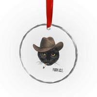 Funny Cowboy Cat Smoking Anti ICE Protest Meme Crystal Glass Ornament