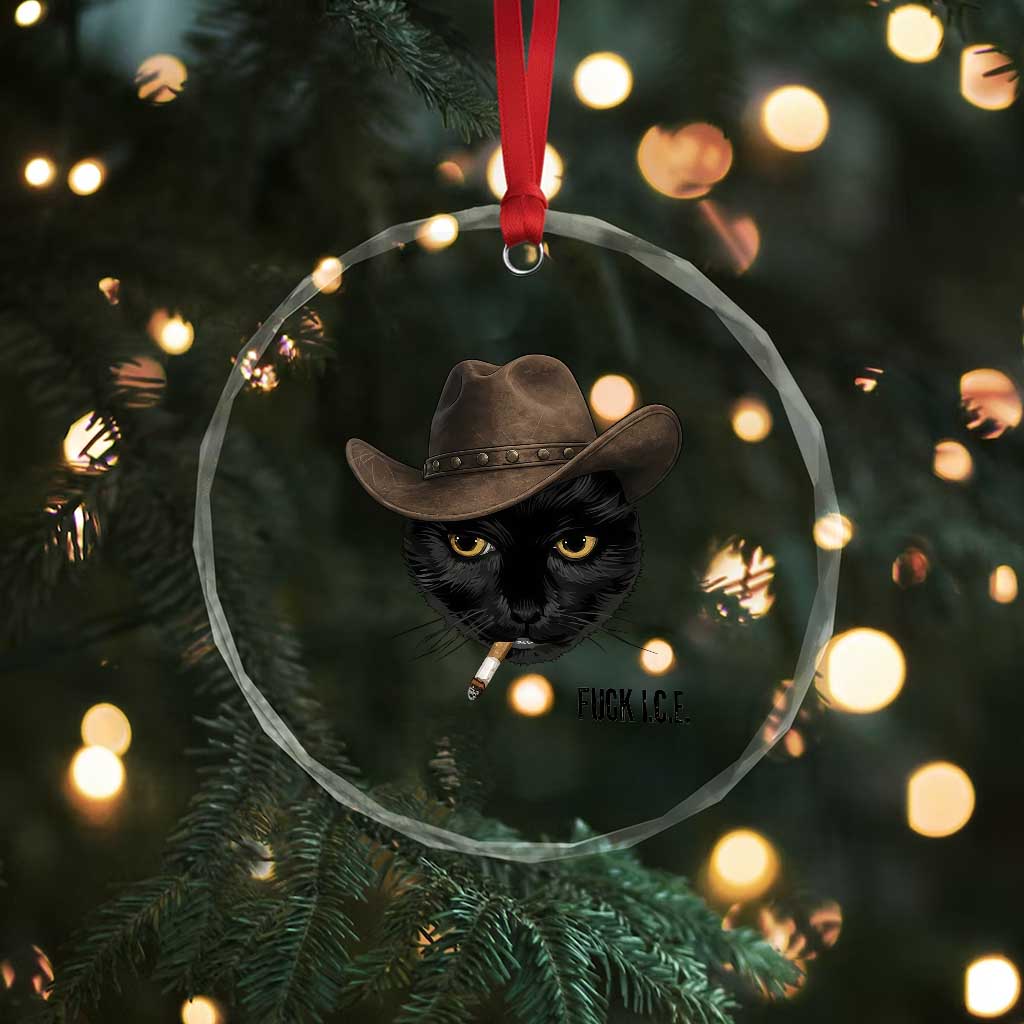 Funny Cowboy Cat Smoking Anti ICE Protest Meme Crystal Glass Ornament