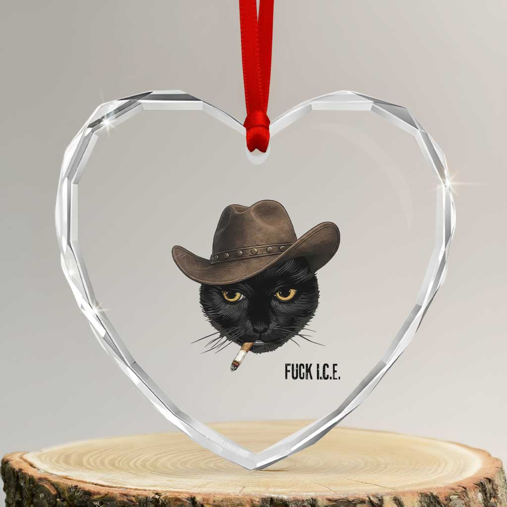 Funny Cowboy Cat Smoking Anti ICE Protest Meme Heart Crystal Glass Ornament