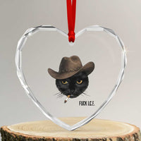 Funny Cowboy Cat Smoking Anti ICE Protest Meme Heart Crystal Glass Ornament