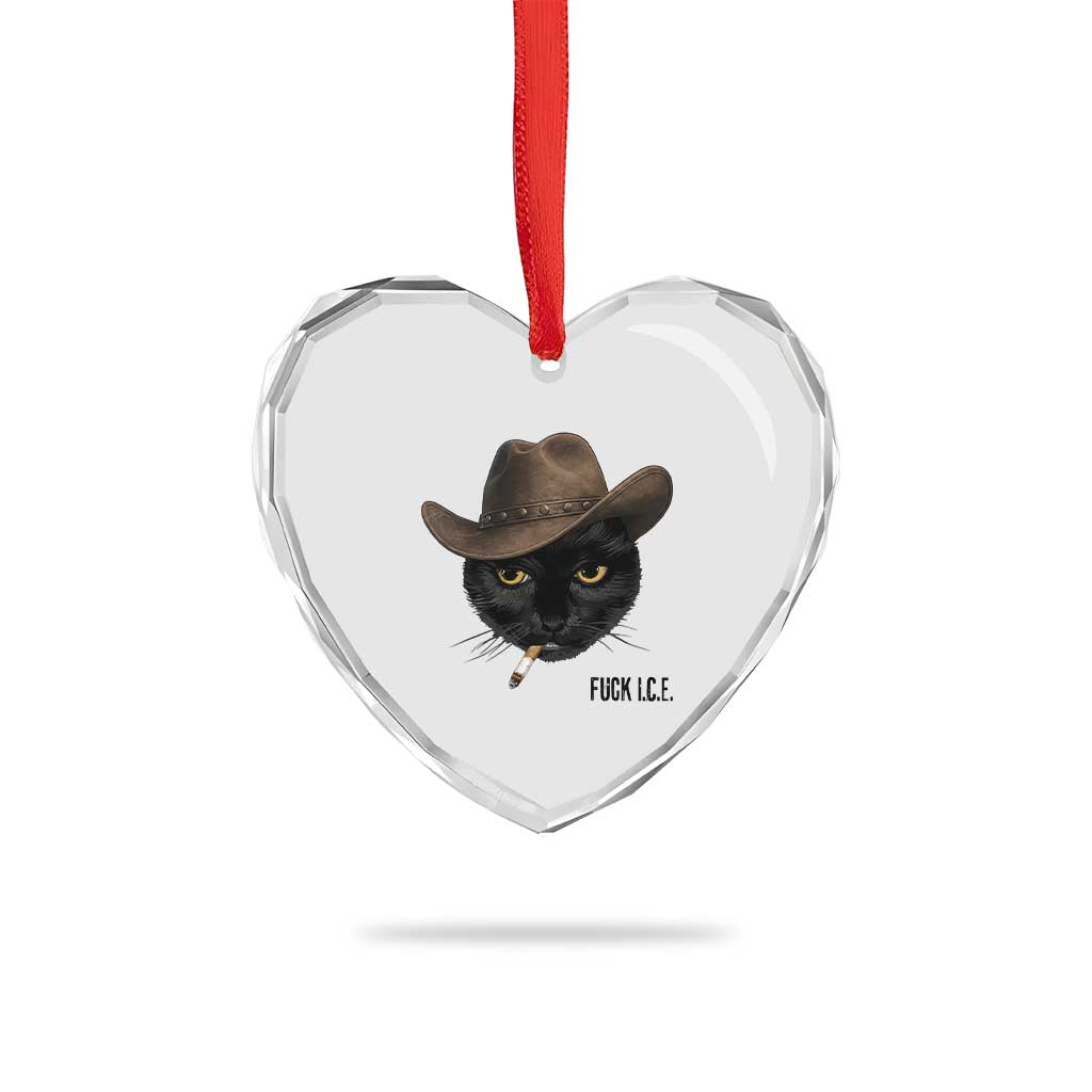 Funny Cowboy Cat Smoking Anti ICE Protest Meme Heart Crystal Glass Ornament