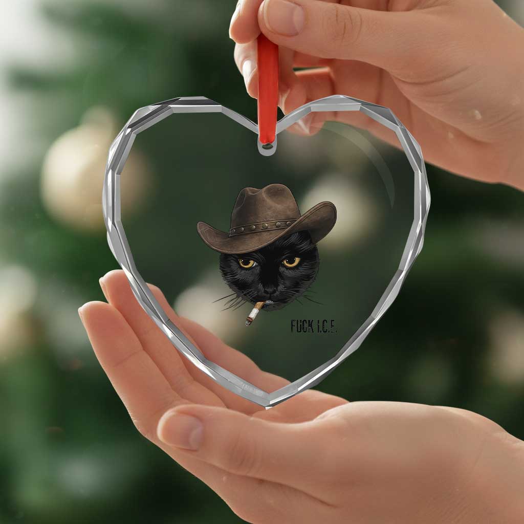 Funny Cowboy Cat Smoking Anti ICE Protest Meme Heart Crystal Glass Ornament