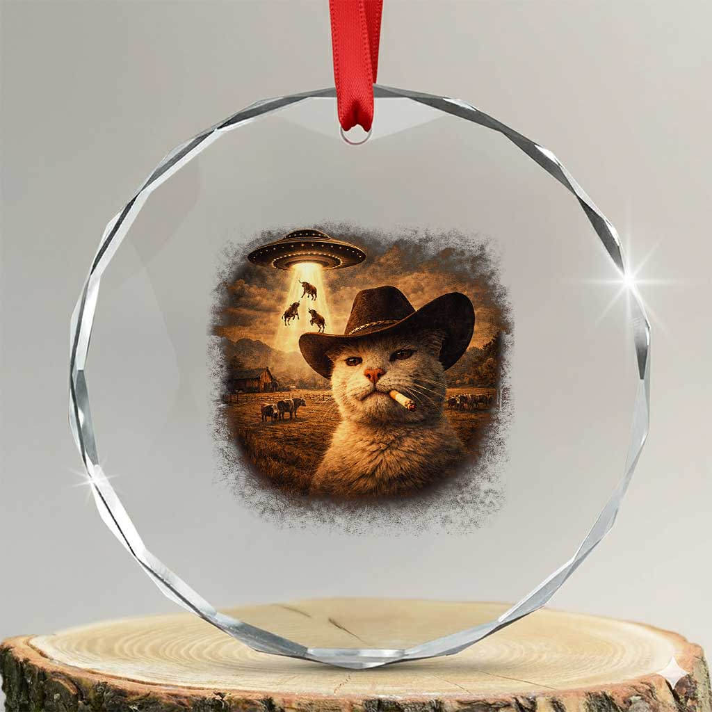 Funny Cowboy Cat UFO Crystal Glass Ornament Retro Western Rodeo Meme Cats Lover Gift