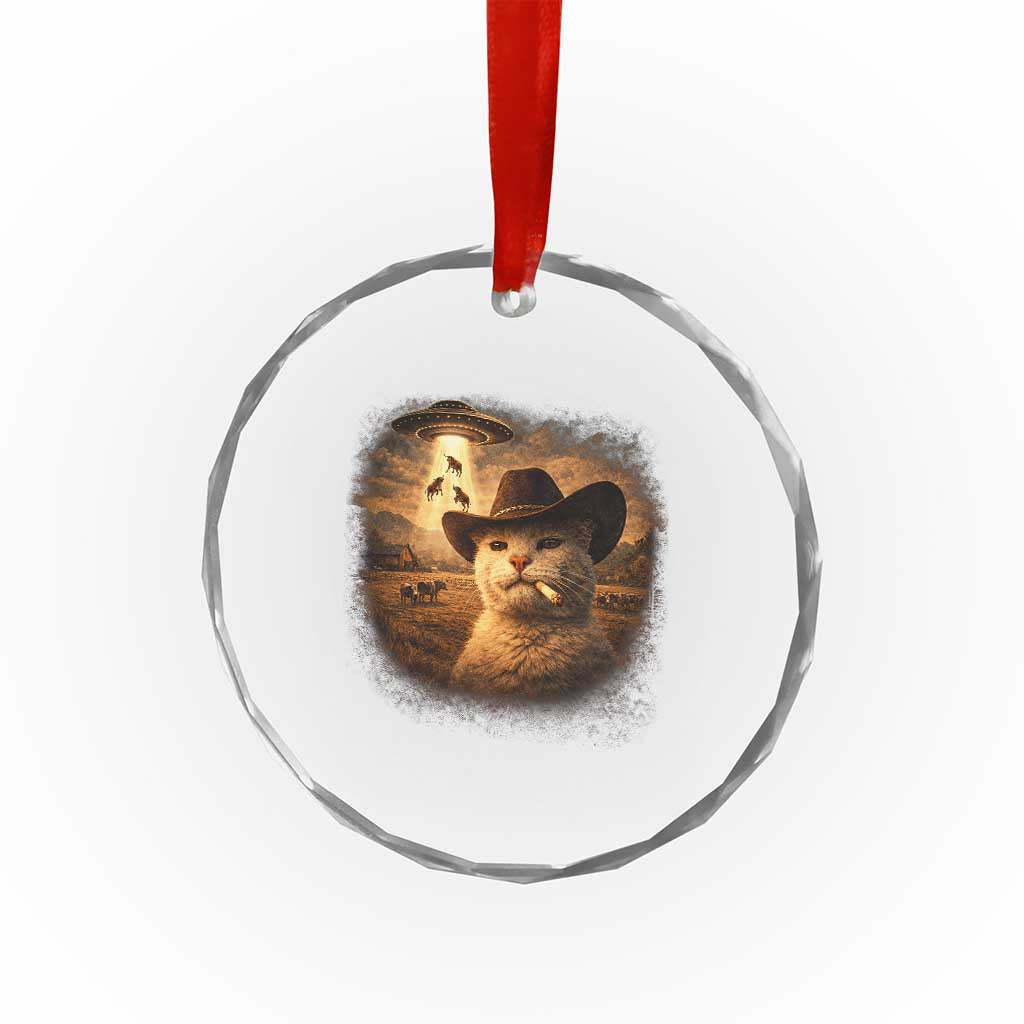Funny Cowboy Cat UFO Crystal Glass Ornament Retro Western Rodeo Meme Cats Lover Gift