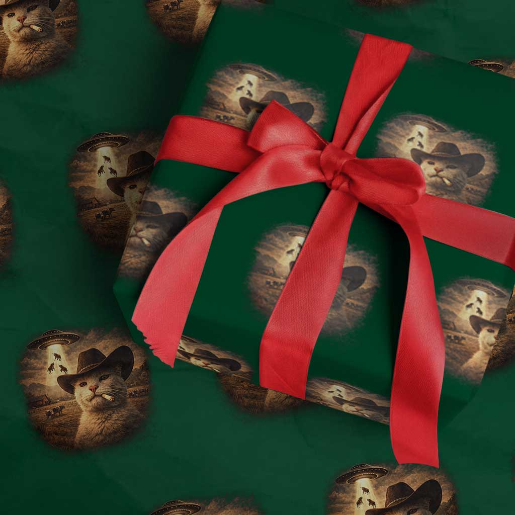 Funny Cowboy Cat UFO Wrapping Paper Roll Retro Western Rodeo Meme Cats Lover Gift