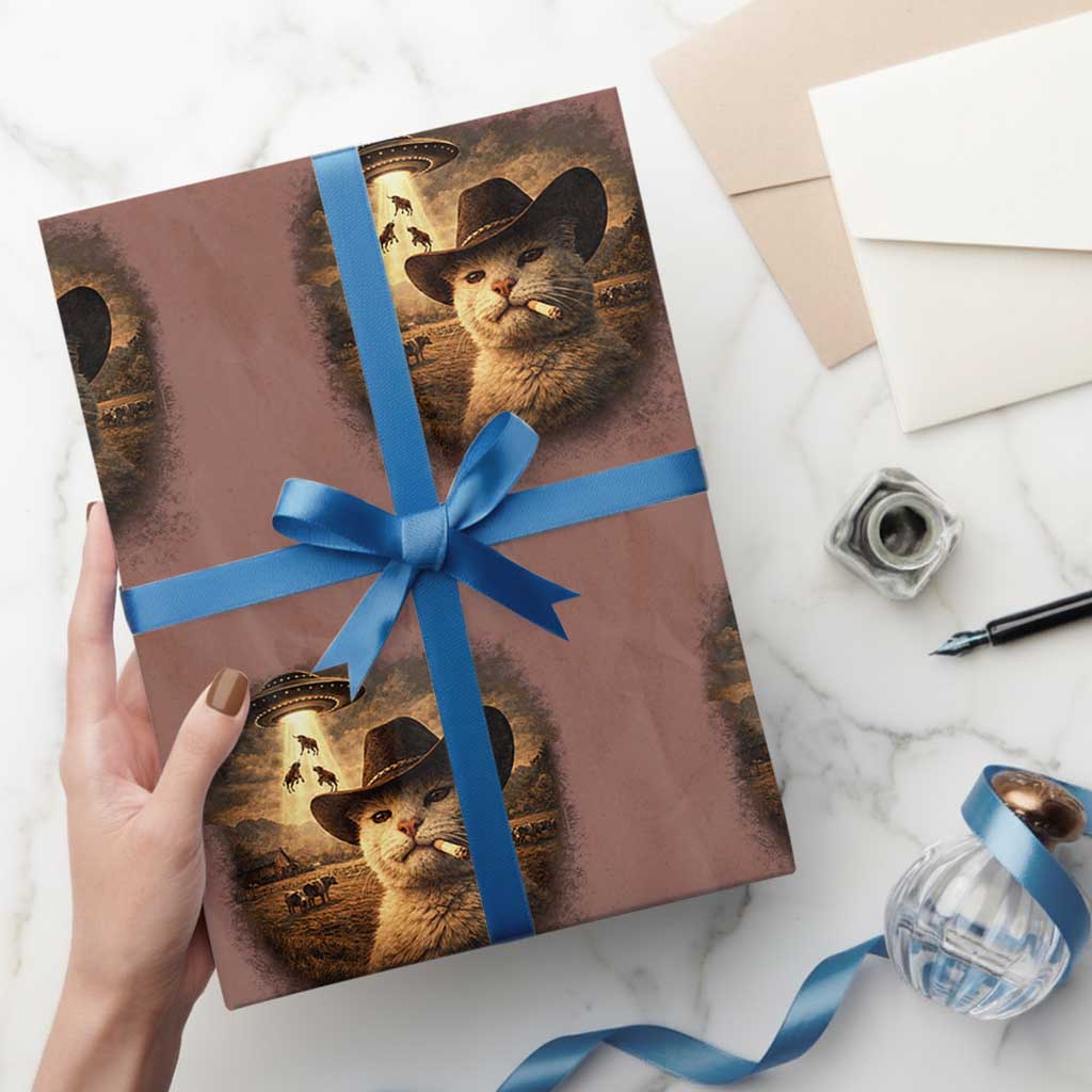 Funny Cowboy Cat UFO Wrapping Paper Roll Retro Western Rodeo Meme Cats Lover Gift
