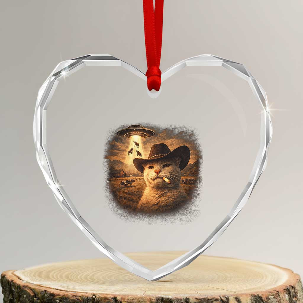 Funny Cowboy Cat UFO Heart Crystal Glass Ornament Retro Western Rodeo Meme Cats Lover Gift