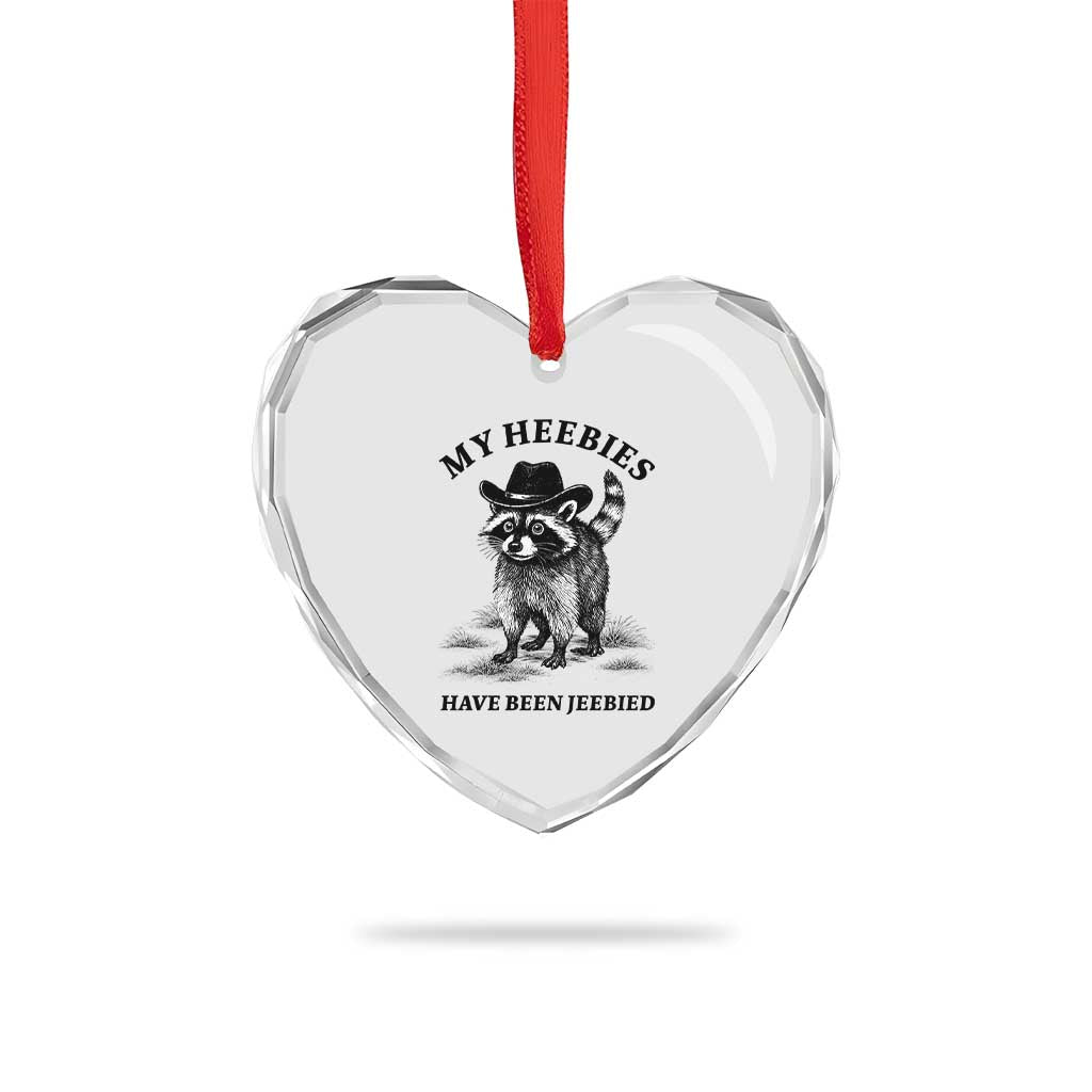 Funny Cowboy Raccoon Meme Heart Crystal Glass Ornament My Heebies Have Been Jeebied