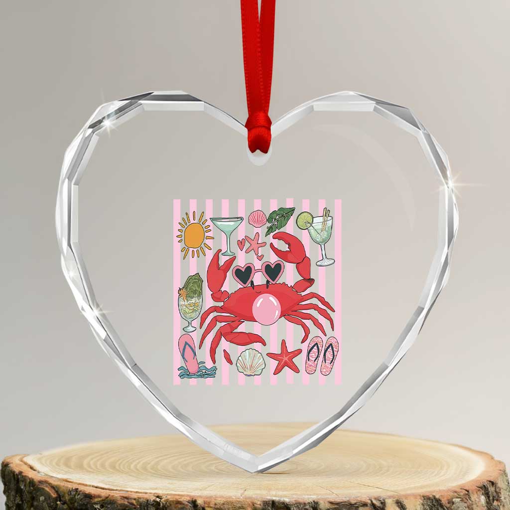 Funny Crab Tropical Summer Vacation Gift Heart Crystal Glass Ornament Striped Summer Beach Vibes