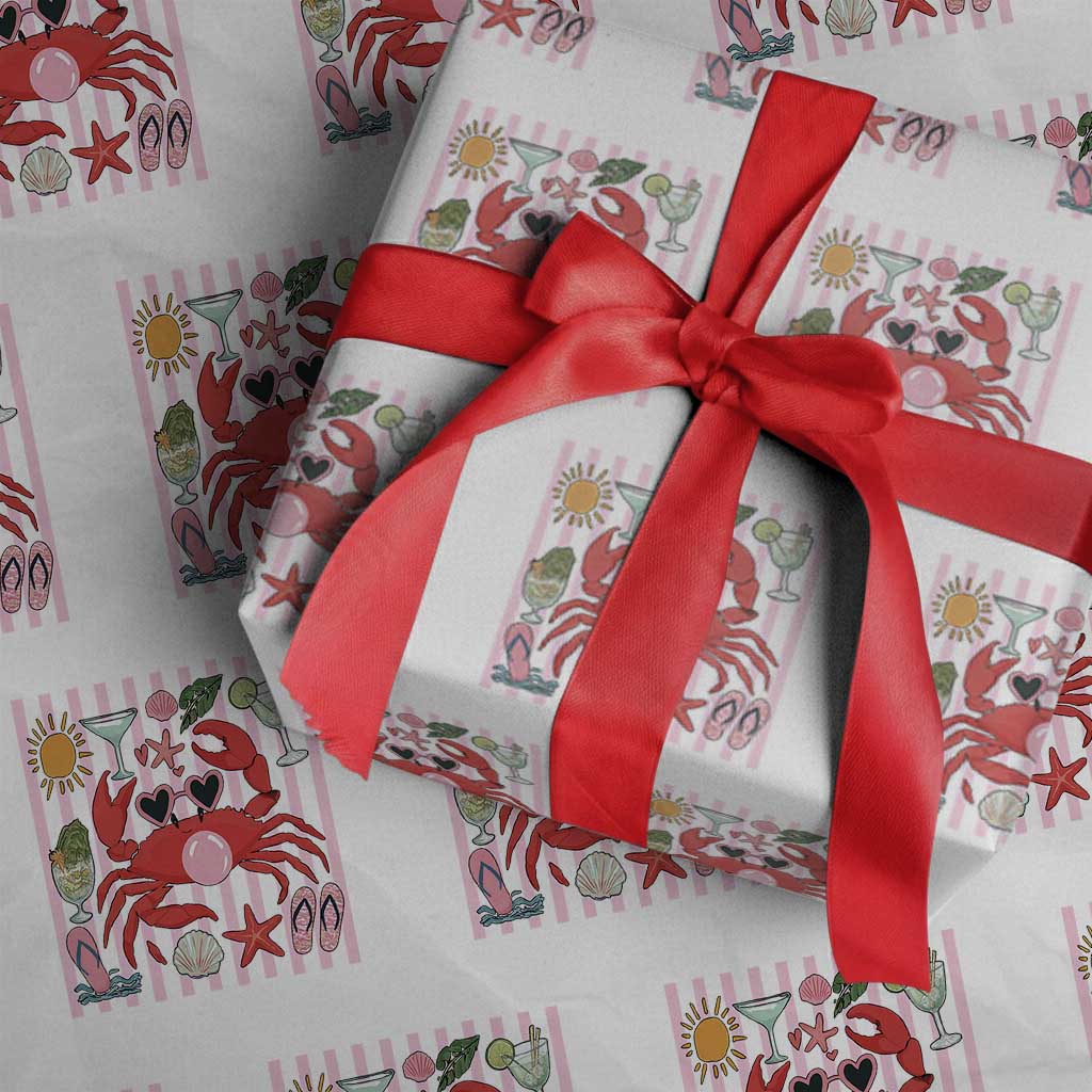 Funny Crab Tropical Summer Vacation Gift Wrapping Paper Roll Striped Summer Beach Vibes