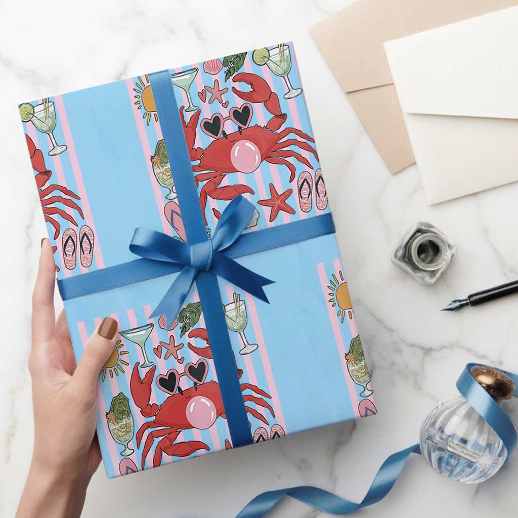 Funny Crab Tropical Summer Vacation Gift Wrapping Paper Roll Striped Summer Beach Vibes