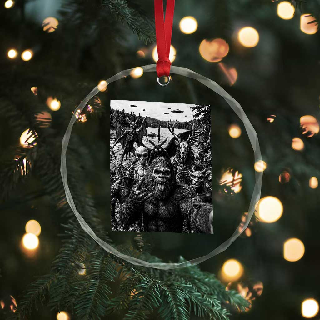 Funny Cryptid Creatures Selfie Crystal Glass Ornament Bigfoot Alien Cryptozoology Fantasy Mythical Monsters