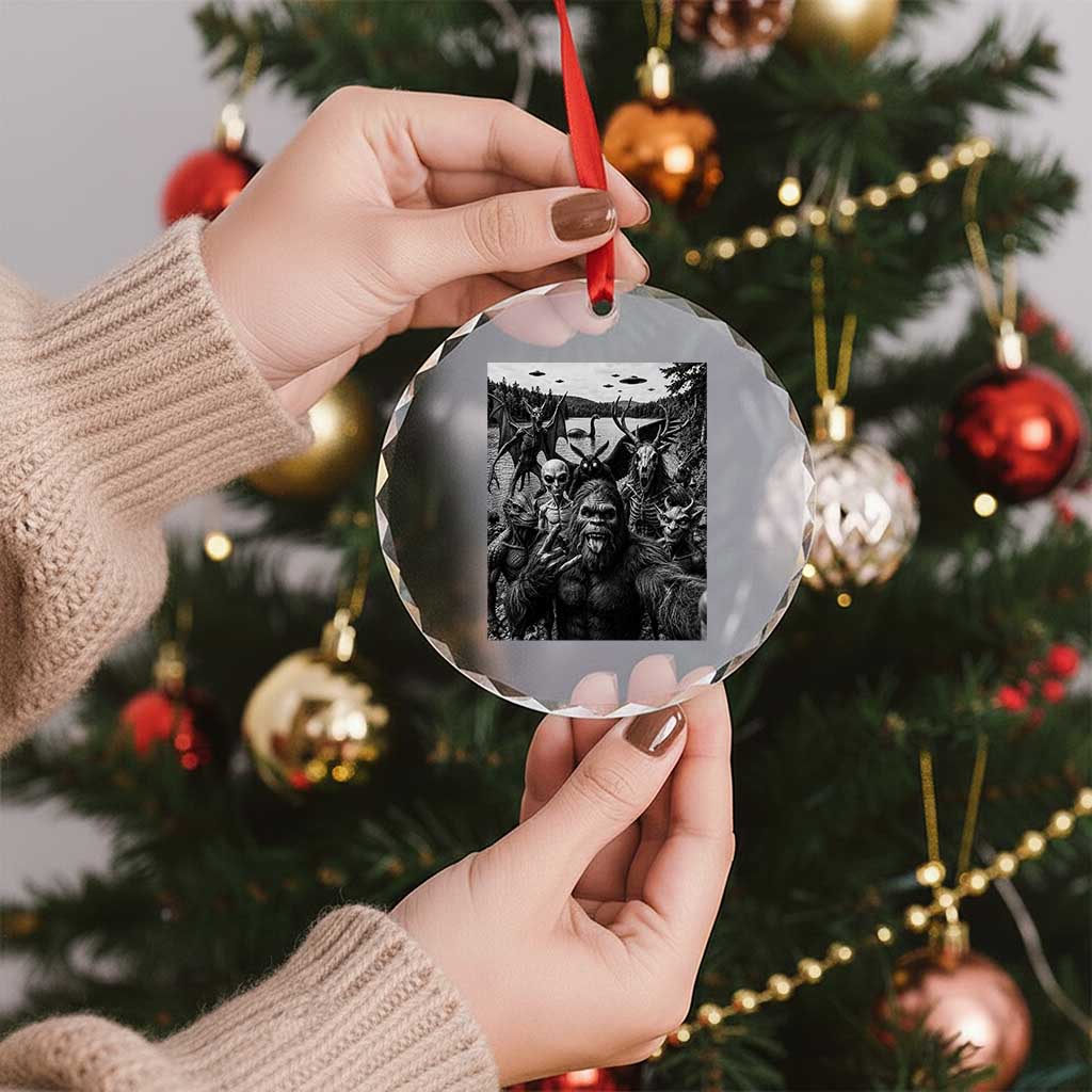 Funny Cryptid Creatures Selfie Crystal Glass Ornament Bigfoot Alien Cryptozoology Fantasy Mythical Monsters