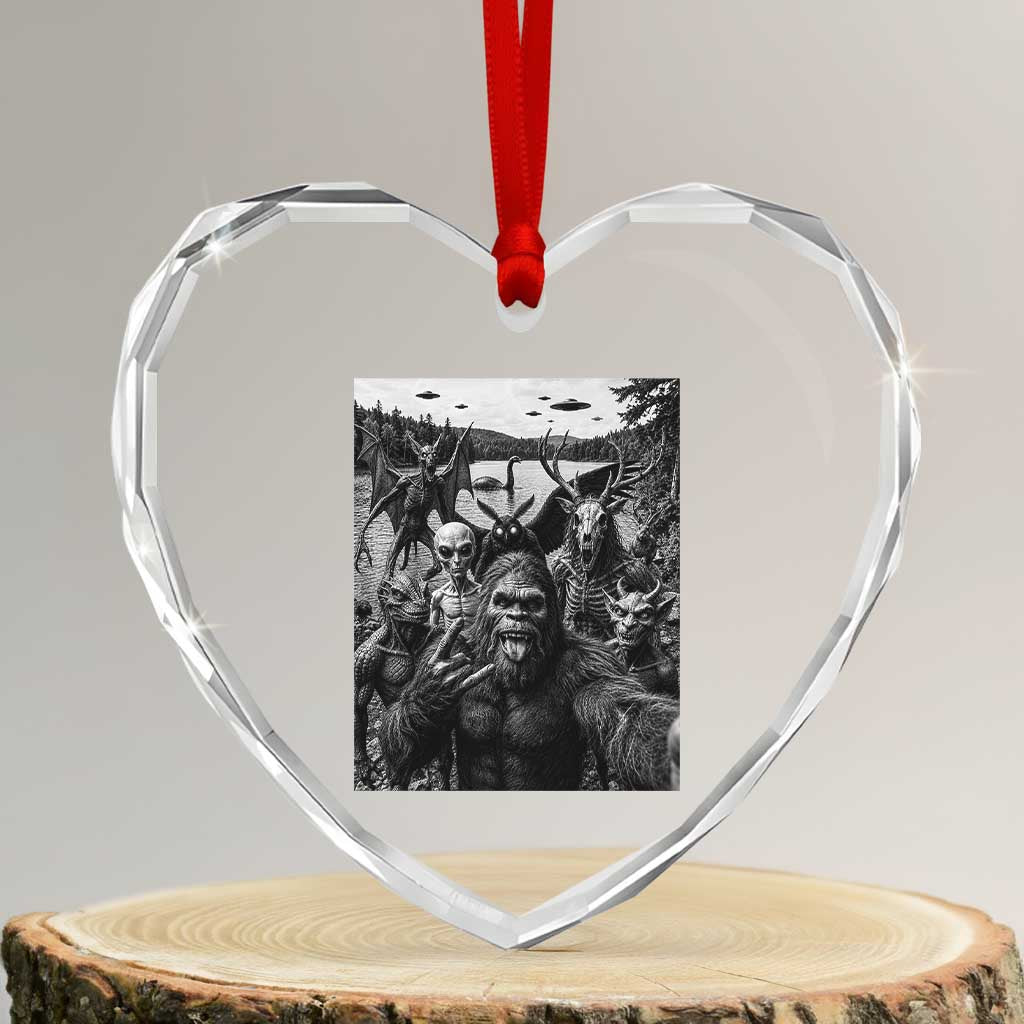 Funny Cryptid Creatures Selfie Heart Crystal Glass Ornament Bigfoot Alien Cryptozoology Fantasy Mythical Monsters